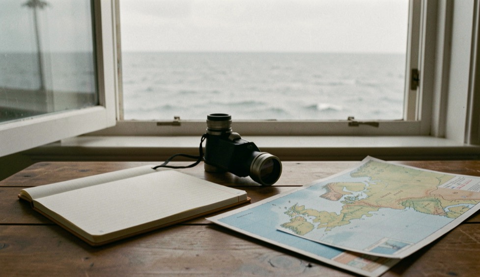Un carnet de notes posé sur une table près d'une fenêtre donnant sur la mer grise, une jumelle et une carte marine du golfe de Gascogne à côté.