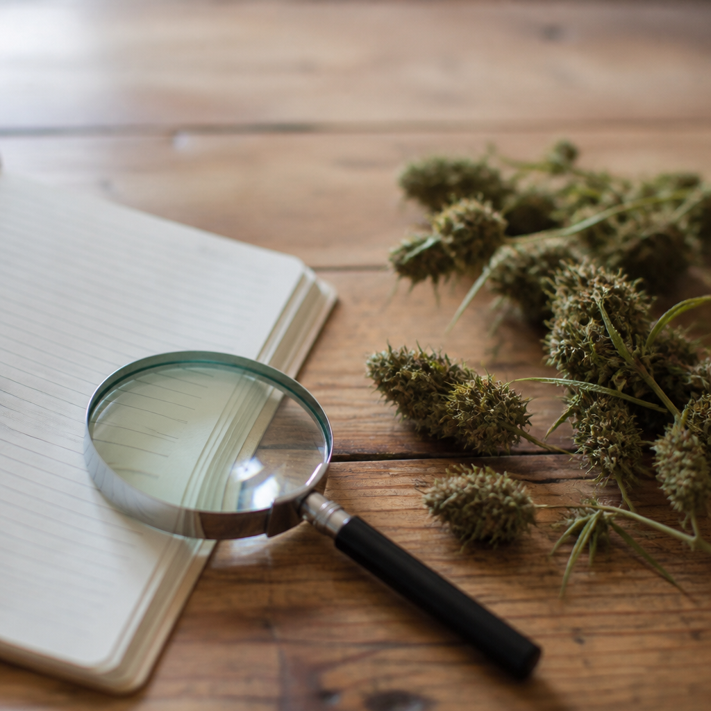 Carnet de notes ouvert et loupe posés sur une table de bois, à côté de quelques inflorescences de chanvre séchées et d'une fiche d'analyse.