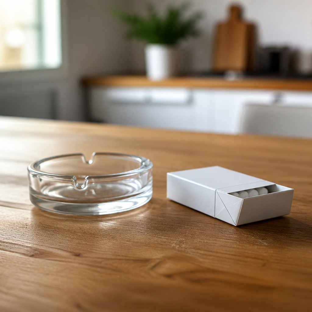 Cendrier en verre vide et paquet de cigarettes refermé posés sur une table de cuisine en bois, près d'une tasse et d'un carnet.