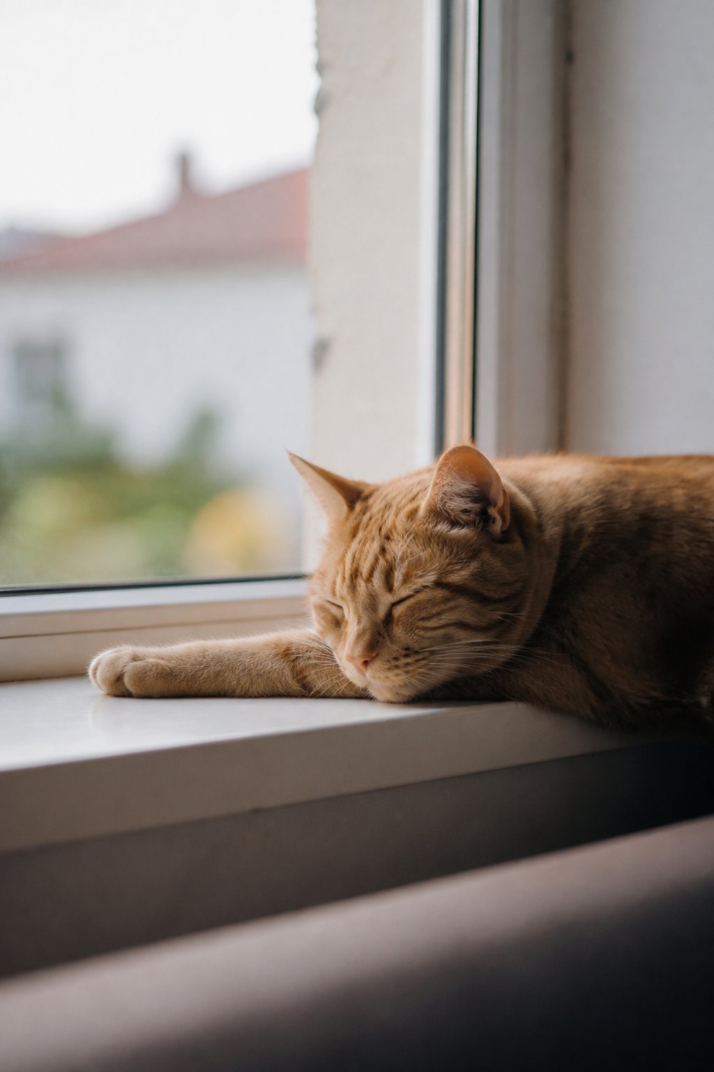 Chat roux assoupi sur le rebord intérieur d'une fenêtre, une patte repliée sous le menton, dans la lumière de fin d'après-midi.