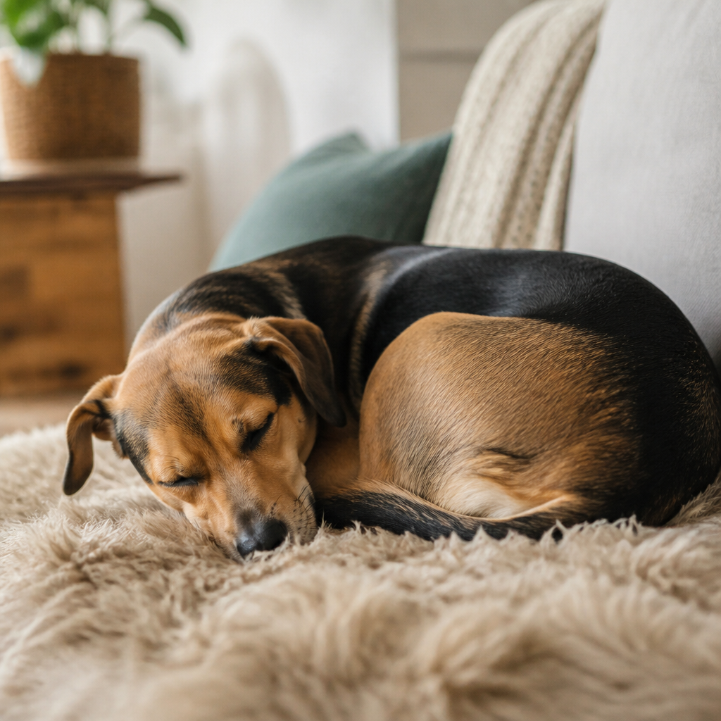 Chien de taille moyenne endormi en boule sur un tapis de laine, près d'une porte vitrée qui laisse entrer la lumière du jardin.