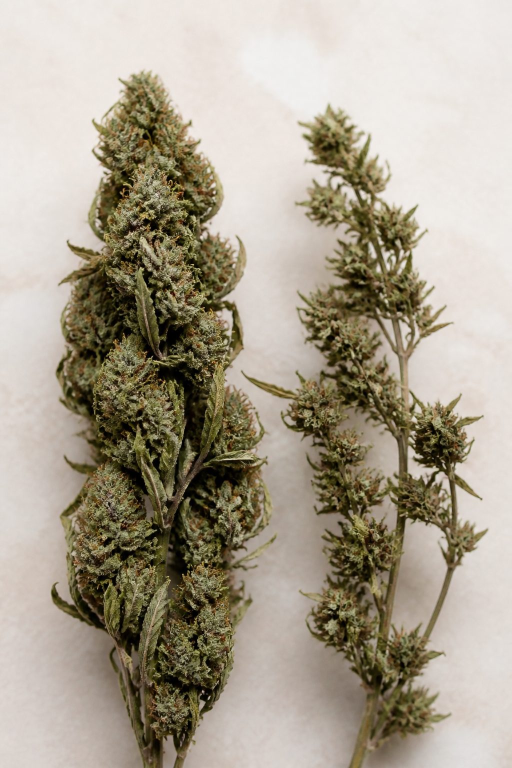Deux inflorescences de chanvre séchées posées côte à côte sur un fond clair, l'une dense et compacte, l'autre plus aérée et allongée.