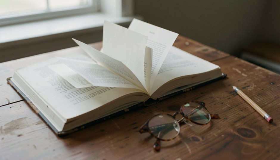 Recueil juridique ouvert sur un bureau en bois, des onglets de papier dépassant des pages, une paire de lunettes et un crayon posés à côté, lumière diffuse de fin de journée.