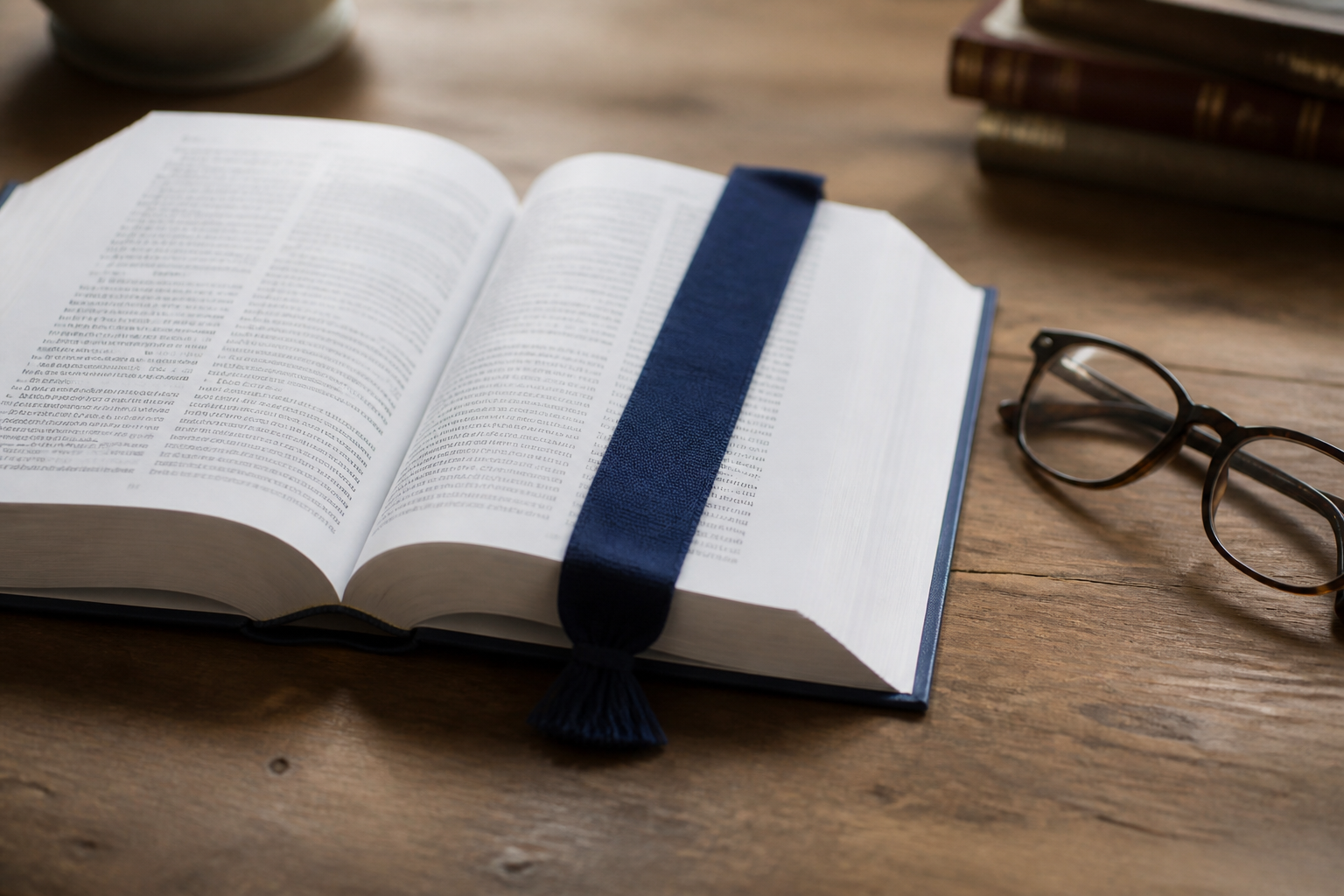Recueil de textes juridiques ouvert sur un bureau de bois, un marque-page de tissu posé en travers de la page de droite et une paire de lunettes à côté.